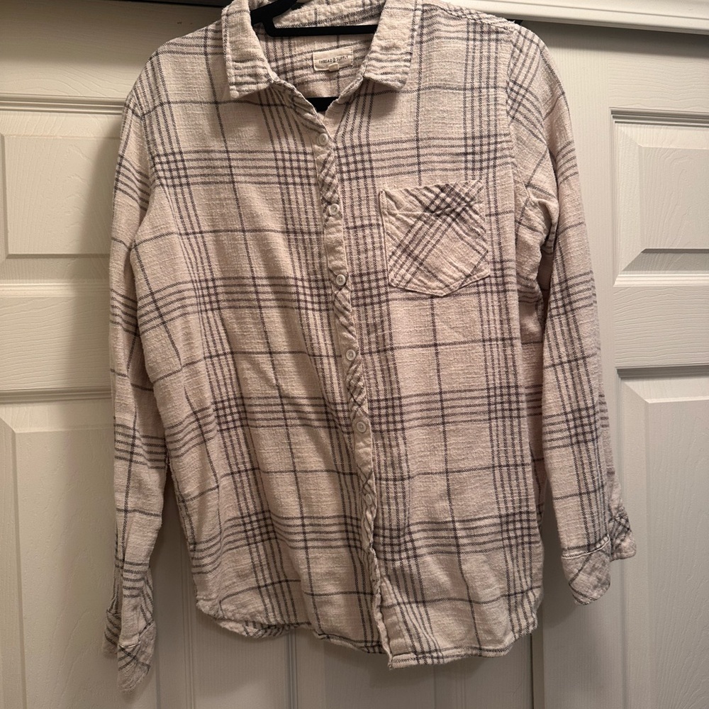 Thread & Supply Cream and Gray Plaid Button Down Shirt